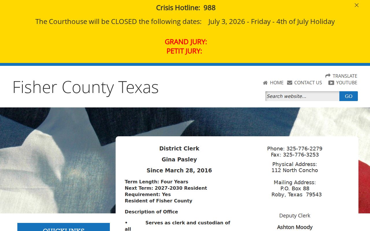 Fisher County District Clerk criminal case contact page