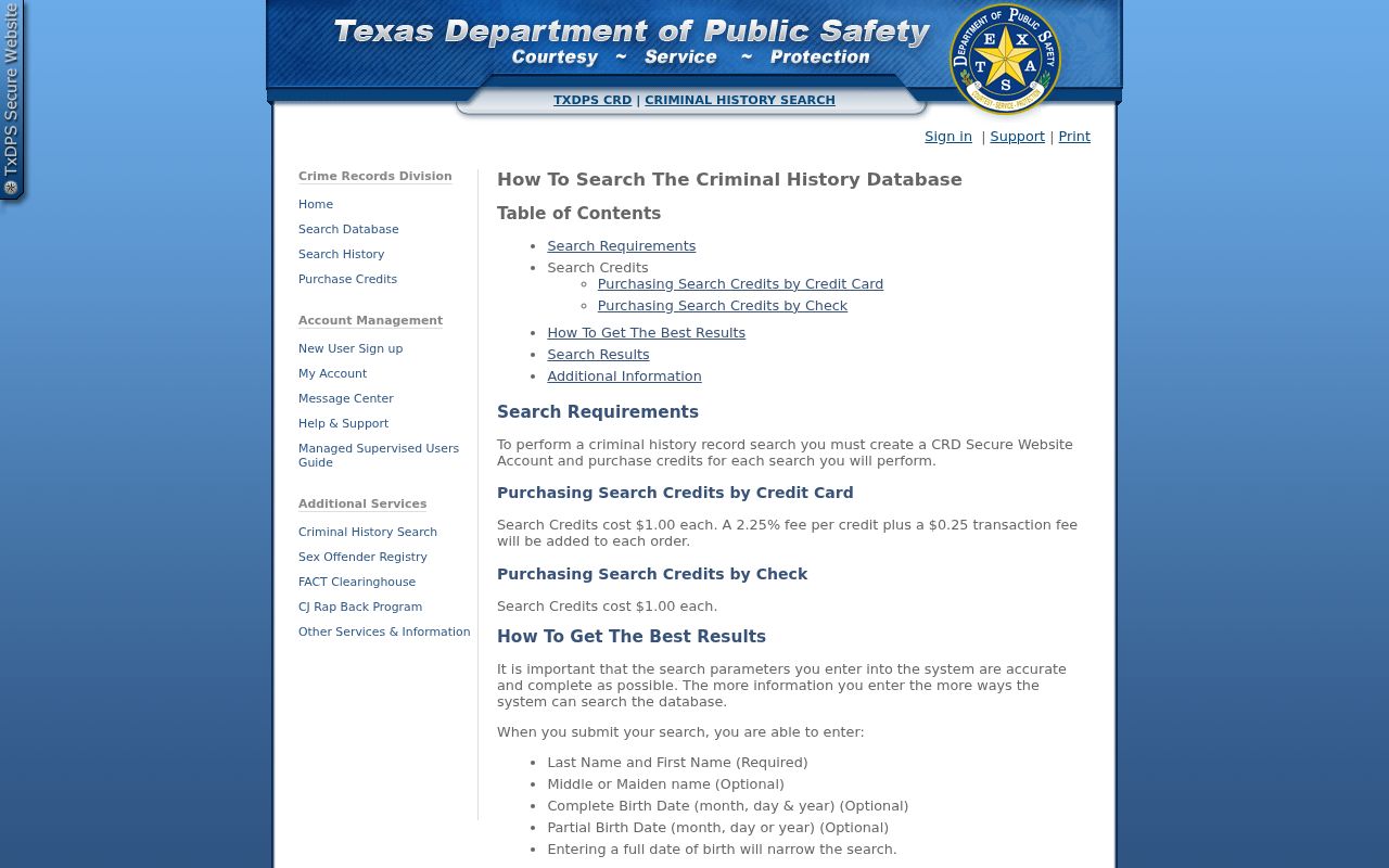 Fisher County criminal history access through the Texas DPS conviction search